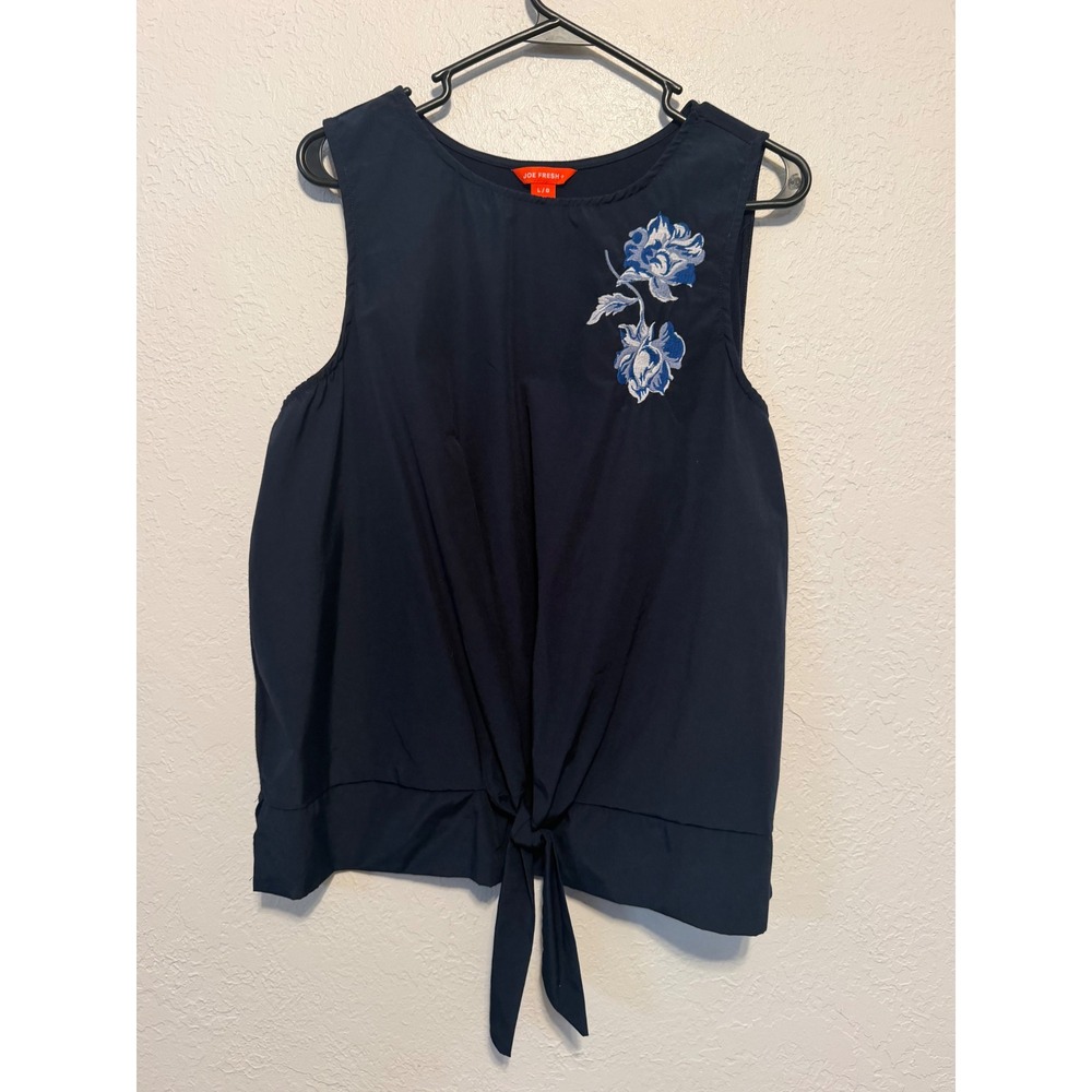 Joe Fresh Navy Blue Floral Embroidered Tie Front Sleeveless Top WS8K216287 L
